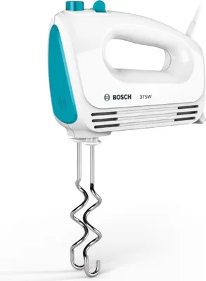 A white and blue Bosch hand mixer with silver beaters is shown against a white background.