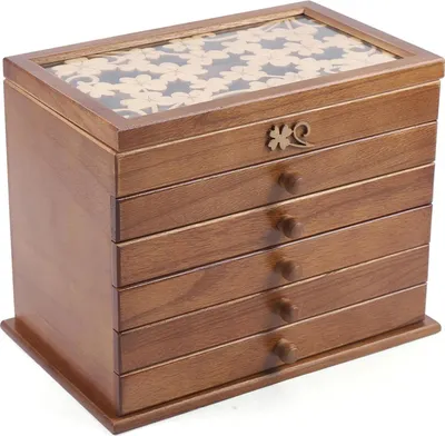 Image de Grande boîte à bijoux - Boîte à bijoux à 6 étages avec 5 tiroirs - Rangement en bois pour colliers, bagues et montres - Boîte de rangement empilable pour les voyages et la maison - Marron