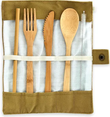 Image de Couverts de voyage dans un sac brun  5 pièces en bambou enroulable