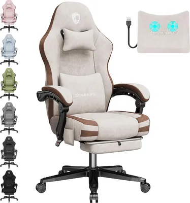 Zdjęcie produktu dla Krzesło do gier Douxlife GC-RC05 Fotel biurowy z tkaniny z masażem, podnóżkiem i podparciem lędźwi, ergonomiczne, metalowe nogi, nośność 158 kg - beżowy