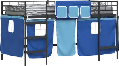 Produktbild von Kinder Loft Bettgestell mit Vorhängen Schwarz und Blau