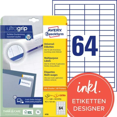 Produktbild von Avery Zweckform 4785 Universal-Etiketten, A4 mit ultragrip, 48,5 x 16,9 mm, 1.920 Etiketten/30 Bogen, weiß