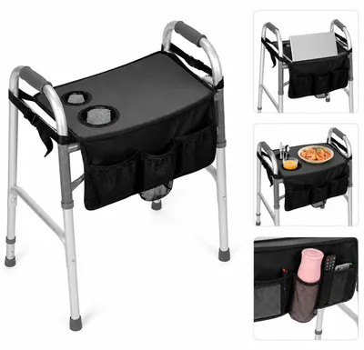 Produktbild von Rollator Tablett mit Tasche & Getränkehalter, rutschfestes Gehhilfe Tablett, abnehmbar für Essen, Medikamente & Alltag im Zuhause