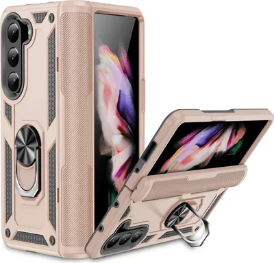 Produktbild von Hülle für Samsung Galaxy Z Fold 5 Dual Layer Militäre Scharnierschutz Schutzhülle mit Ringhalterung Ständer Gold