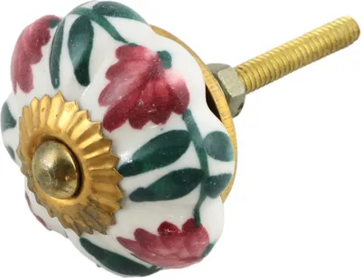 Produktbild von Möbelknauf aus Keramik Shabby Chic Rosette - Blume - grün-rot