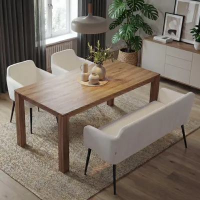 Obrázek produktu pro Jídelní set HWC-L13, sada 2 židlí + lavice jídelní set sedací souprava jídelní set, látka/textil krémově bílá