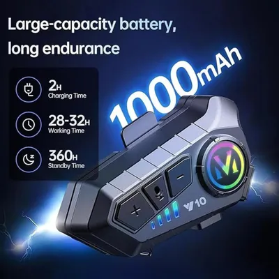 A close-up marketing image of a motorcycle helmet Bluetooth headset, highlighting its battery capacity and features.