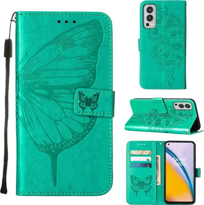Produktbild von OnePlus Nord 2 5G Hülle, Schmetterling Prägung Flip Leder Kartenfächer Schutzhülle Ledertasche mit Ständer für OnePlus Nord 2 5G Grün