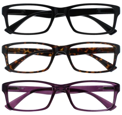Produktbild von OPULIZE PEP Lesebrille für Damen und Herren - 3er Pack- Große Rechteckige Brille - Komfortable Federscharniere - Kratzfest - Schwarz Braun Lila UVR +3.00