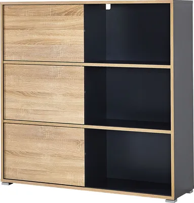 Produktbild von KADIMA DESIGN REMS Schiebetürregal Standregal Bücherregal Büroschrank Grau/Holz 120 x 119 x 35
