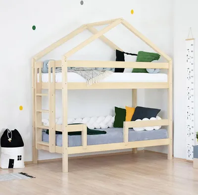 Produktbild von Wooden house-shaped bunk bed KILI - Transparent oil - 227 cm