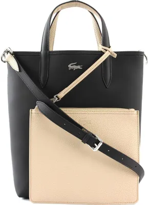 A black and beige tote bag with a removable pouch.