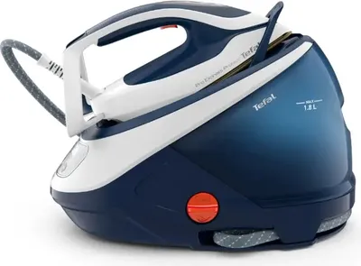 A close-up studio shot of a steam generator iron and its base unit.