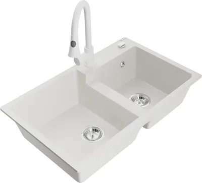 Produktbild von Mexen Tomas 2-Becken-Granitspüle mit Mischbatterie Elia, Weiß - 6516-20-670101-20