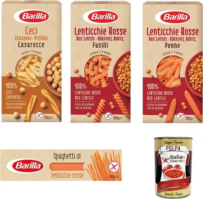 Produktbild von Barilla Pasta di Legumi Testpaket, Hülsenfrüchte pasta nudeln, Reich an Ballaststoffen und Proteinen, glutenfrei - 4x 250 g + Italian Gourmet polpa 400g