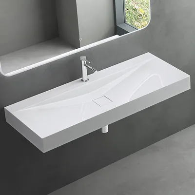 Produktbild von Mai&Mai Hänge-Waschtisch Mineralguss Weiß, 120x48x10cm, 1 Armaturenloch, Rechteckig modern, Col810, DIN-Abfluss mit Gussmarmor-Abdeckplatte