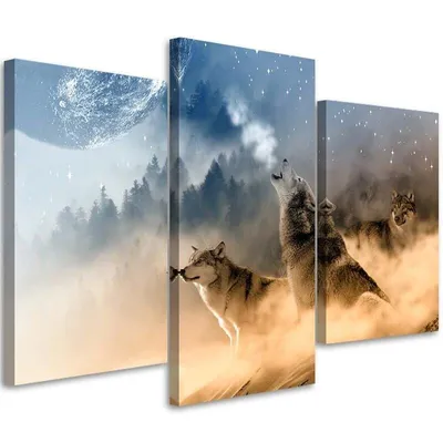 Produktbild von Triptychon auf leinwand zwei wölfe heulen nachts den mond an 150x100 cm Feeby blau wandbild bereit zum aufhängen