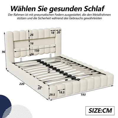 Image de Lit avec tête de lit capitonnée - Lit double 180x200 cm avec coffre de rangement - Système de levage hydraulique - Tête de lit LED - Station de chargement USB - Revêtement en velours - Beige