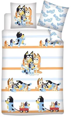 Zdjęcie produktu dla Zestaw pościeli dziecięcej Unyqoos® Bluey, 140 x 200 cm + 65 x 65 cm – 100% bawełna, dwustronny nadruk, niebieski/pomarańczowy
