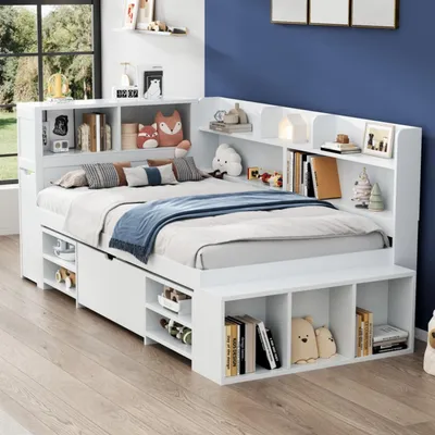 Produktbild von MODFU Kinderbett 90x200cm Schlafsofas mit Schubladen, Bücherregal und Stauschrank，Holzbett mit großer Stauraum, Lattenrost，weiß（ohne Matratze）