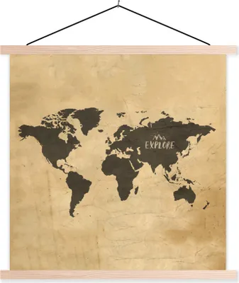 Produktbild von MuchoWow® Textilposter Weltkarte - Vintage - Reisen 60x60 cm mit holzfarbenen Rahmen - Wanddekoration