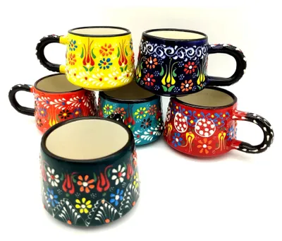 Produktbild von Kaffeetassen-Set aus Keramik, handgefertigt, 170 ml, 6 Stück, mehrfarbig, für Tee und Kaffee