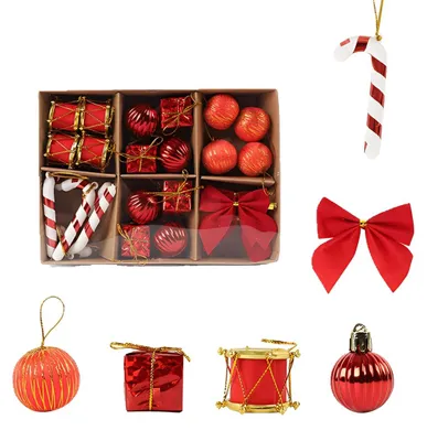 Weihnachtskugeln-Set, 24 Stück, 6 Designs, rot, Metall
