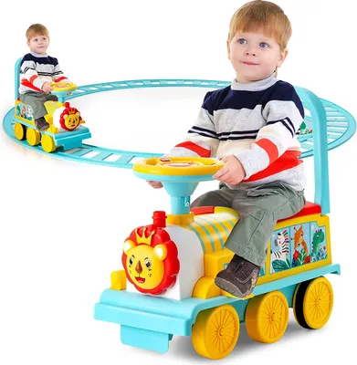 Produktbild von GOPLUS Kinder Elektro Zug, Kinderfahrzeug mit 16 STK. Schiene Set, 6V Kinder Aufsitz mit Licht, Musik, Zugpfeife & Stauraum, Elektro Kinderauto für Kinder ab 3 Jahren, Belastbar bis 25 kg (Blau)