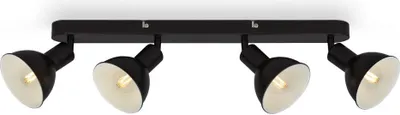 A black four-light ceiling spotlight fixture against a white background.