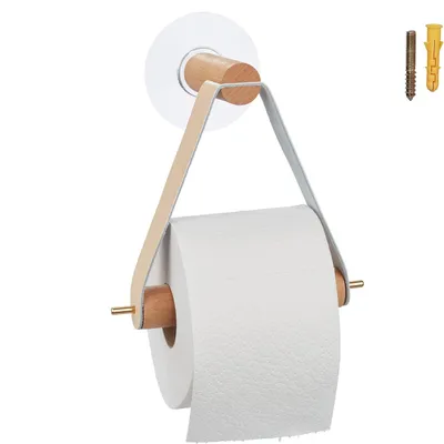 Produktbild von Relaxdays Toilettenpapierhalter aus Holz, für Bad, Wand, Band, klebend, Klorollenhalter HxBxT: 18x18x8 cm, modern, natur