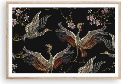 Produktbild von Gerahmtes Poster - Rahmen in heller Eiche - Asiatisch Vögel Verziert - 91,5x61 cm - Wand Bild - Wanddeko - Wandbilder - Kunstposter - Wandposter - Bilderrahmen - Bilder - Kunstdruck - P2NAA91x61-4556
