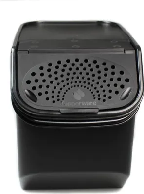 A black Tupperware potato storage container is shown from the front.