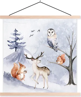 Produktbild von MuchoWow® Textilposter Winter - Hirsch - Eichhörnchen - Baum 40x40 cm mit holzfarbenen Rahmen - Posterleiste