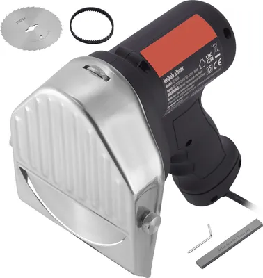 Produktbild von Elektrisches Shawarma-Messer von SucceBuy, 80 W, professionelles türkisches Kebab-Messer, handelsüblicher Kreiselschneider aus Edelstahl, Φ4"/100 mm Klingendurchmesser, 0 - 8 mm einstellbare Dicke