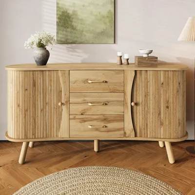 Immagine prodotto di Credenza Merax con ante scorrevoli e cassetti, cassettiera con effetto rigato, mobile scandinavo con ripiani, soggiorno e ingresso, marrone