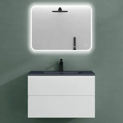 Produktbild von Mai & Mai Badmöbel-Set Waschtisch mit Unterschrank Mineralguss Waschbecken in Anthrazit Waschbeckenunterschrank 80x48x50cm Eiche Greige 2-Schubladen Soft-Close inkl. LED-Spiegel Aqualis