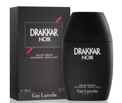 A black bottle of Drakkar Noir cologne and its packaging are displayed against a white background.