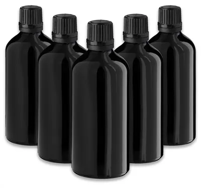 Produktbild von 5x Schwarze Glasflasche 100 ml mit schwarzem Tropfer Tropfeinsatz leer