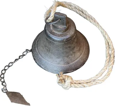 A single bell with a rope and chain, isolated on a white background.