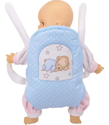 Produktbild von Puppentrage BOBO - Bauchtrage für Puppen und Applikationen - Blau mit Punkten und Teddybär