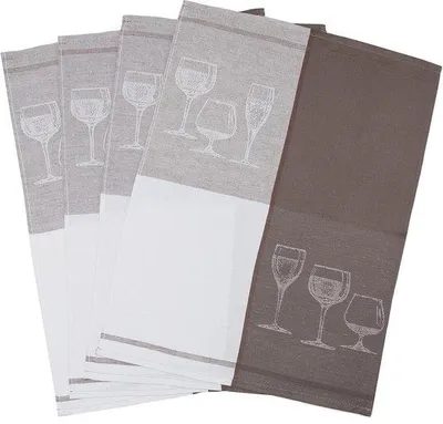 Productafbeelding van Unyqoos® Set van 4 theedoeken – 50 x 70 cm, half linnen (50% katoen/50% linnen), bruin, 240 g/m², met glazen motief en ophangoog
