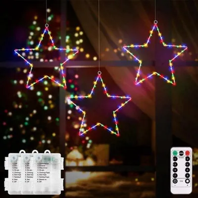Productafbeelding van 3 stuks led-sterren, kerstverlichting, raam, 180 leds, sterren, raamverlichting, werkt op batterijen, met 8 modi, timer, raam, sterren, lichtketting voor Kerstmis, bruiloft, decoratie