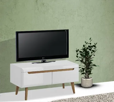 Productafbeelding van Lage TV-kast, TV-dressoir, 107 cm, wit, hoogglans, riviera eikenhout