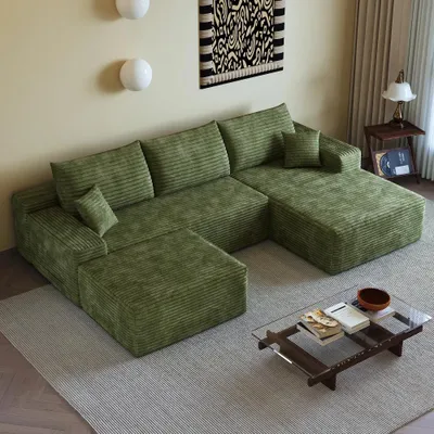 Immagine prodotto di Divano angolare modulare - Divano modulare a forma di L - 4 posti - Rivestito in tessuto corduroy - Chaise longue a destra - Imbottitura in schiuma - Non richiede montaggio - Verde