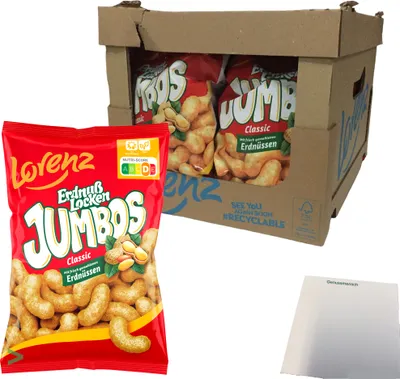 Produktbild von Lorenz Erdnußlocken Jumbos Classic XXL Erdnussflips Mais-Snack Erdnuss-Genuss 11er Pack (11x150g Packung) + usy Block
