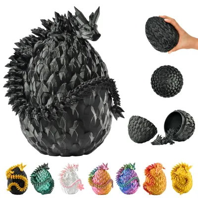 A collage of dragon egg figurines in various colors, with a larger black dragon egg figurine prominently displayed.
