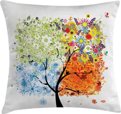 Produktbild von ABAKUHAUS Baum Kissenbezug, Saisonbaum-Zweige mit Blumen-Frühlings-Sommer-Herbst-Winter-Wachstumsthema-Grafik, 40 x 40 cm, Mehrfarbig