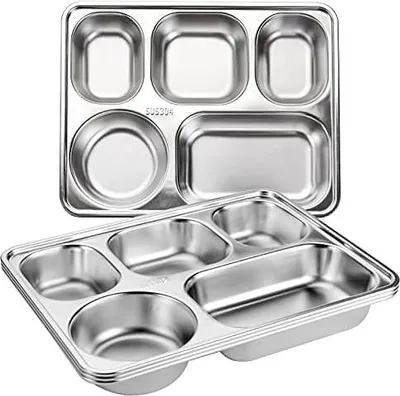 Produktbild von Tebery 3 Stück Edelstahl Geteilte Teller Tablett, Rechteckige 5 Sektionen Abendessen Teller für Erwachsene, Kinder, Picky Eaters, Camper, und Portion Control