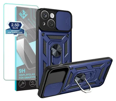 Produktbild von Armor Handyhülle für Apple iPhone 15 mit 9H Displayglas Displayschutz Kameraschutz Handy Panzer Case Cover Schutzhülle Outdoor Farbe: Blau