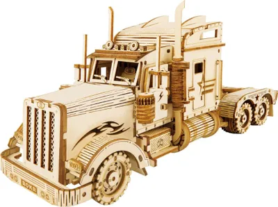 A 3D wooden model of a heavy truck.